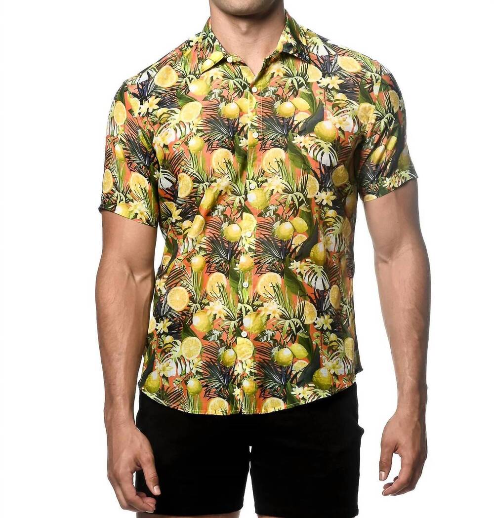 NEW POSTMARC cotton silk short sleeves woven shirt in coral/lemons